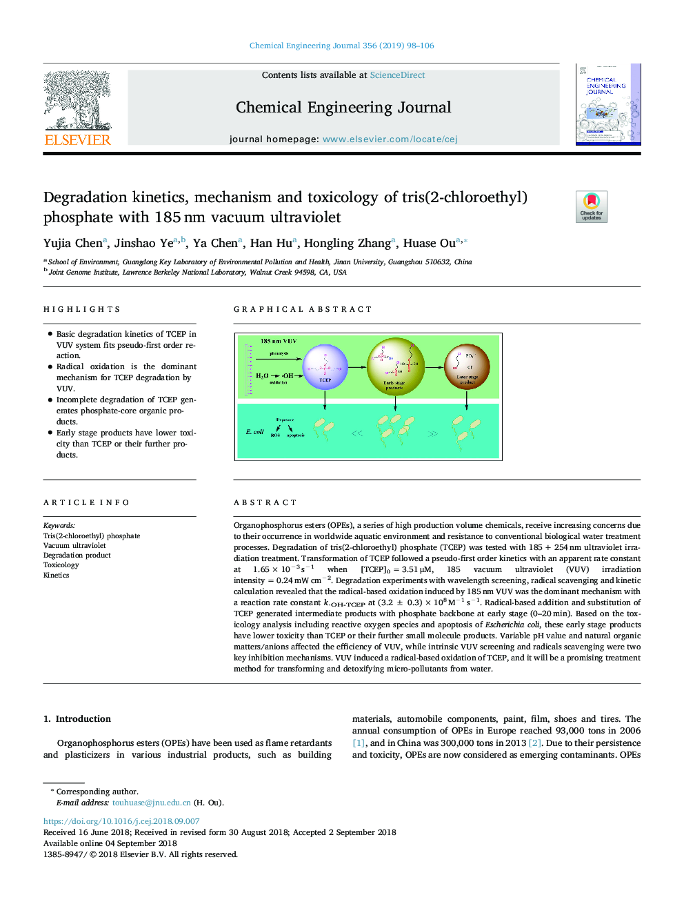 Degradation kinetics, mechanism and toxicology of tris(2-chloroethyl) phosphate with 185â¯nm vacuum ultraviolet