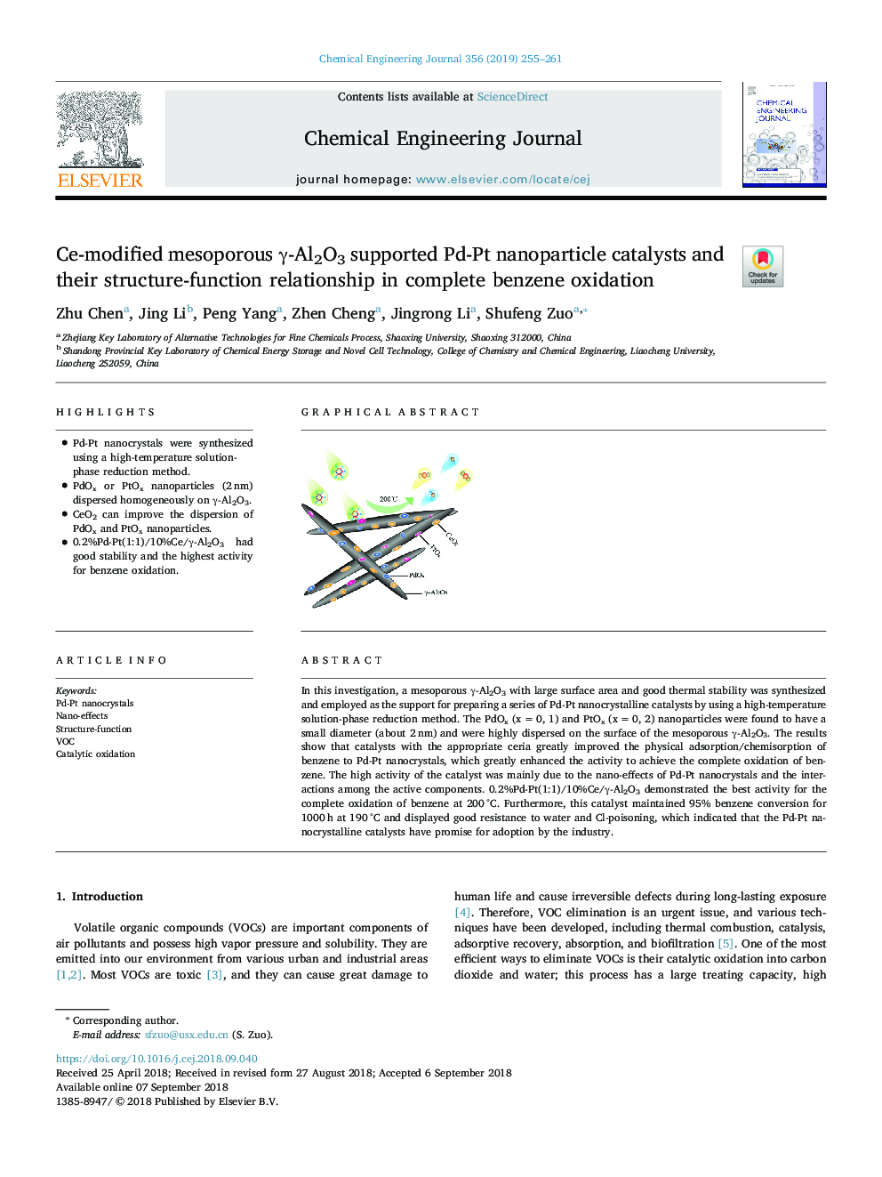 Ce-modified mesoporous Î³-Al2O3 supported Pd-Pt nanoparticle catalysts and their structure-function relationship in complete benzene oxidation