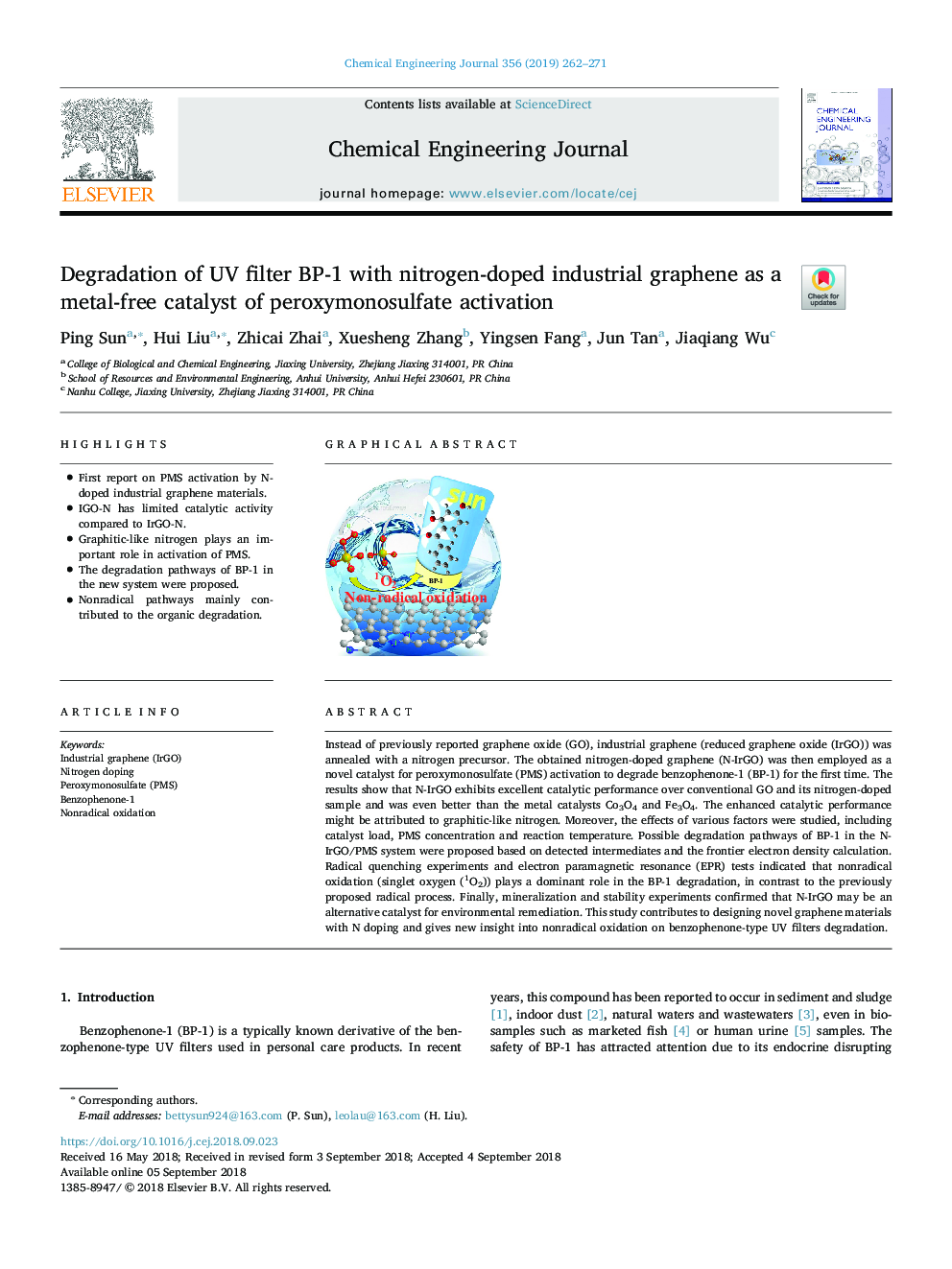 Degradation of UV filter BP-1 with nitrogen-doped industrial graphene as a metal-free catalyst of peroxymonosulfate activation