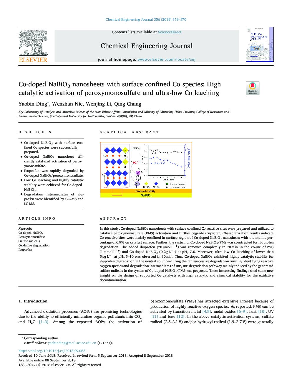 Co-doped NaBiO3 nanosheets with surface confined Co species: High catalytic activation of peroxymonosulfate and ultra-low Co leaching