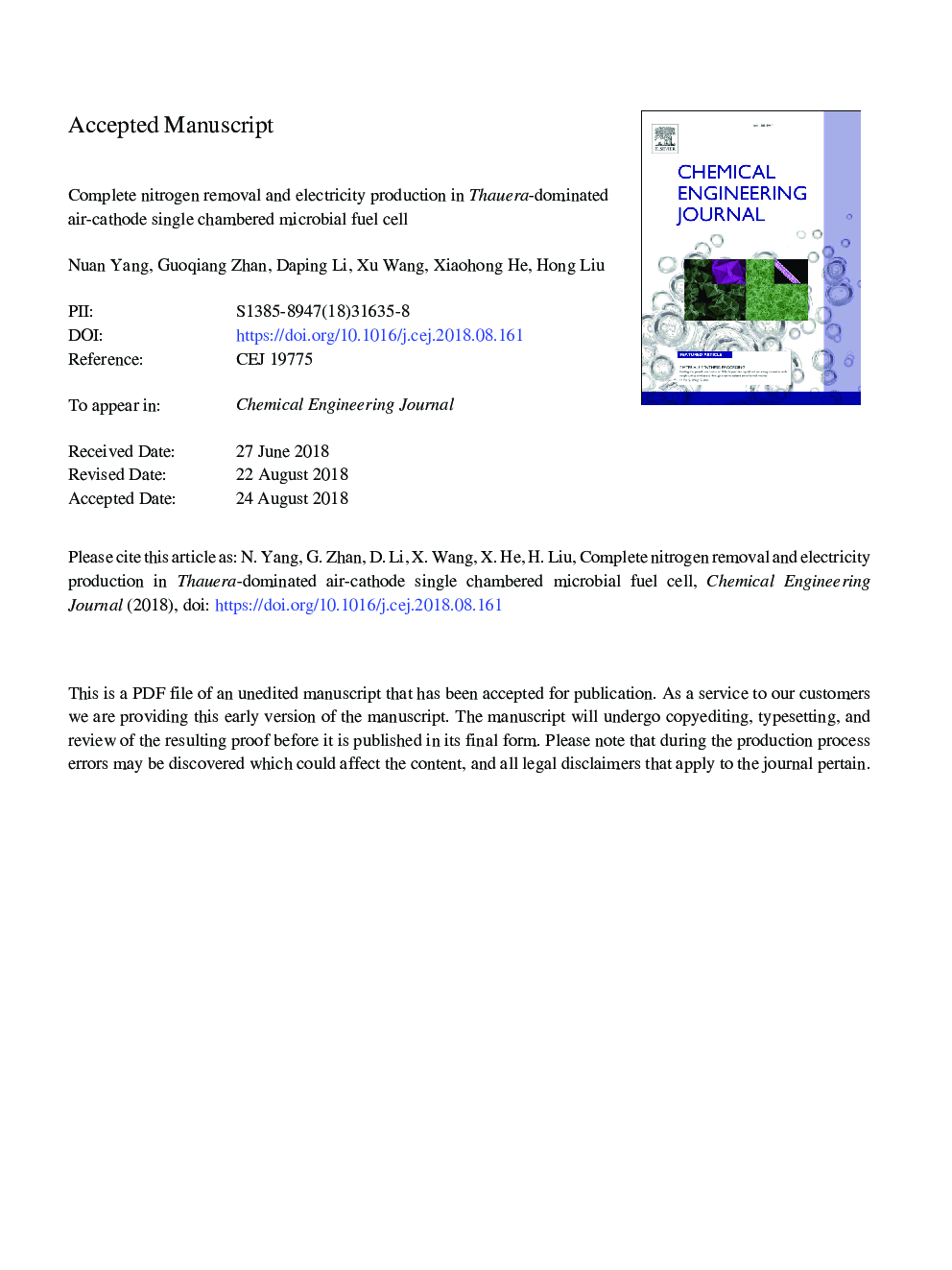 Complete nitrogen removal and electricity production in Thauera-dominated air-cathode single chambered microbial fuel cell