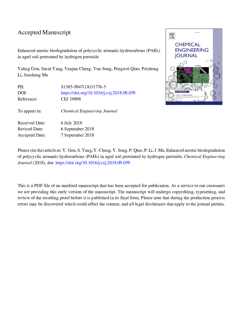 Enhanced anoxic biodegradation of polycyclic aromatic hydrocarbons (PAHs) in aged soil pretreated by hydrogen peroxide