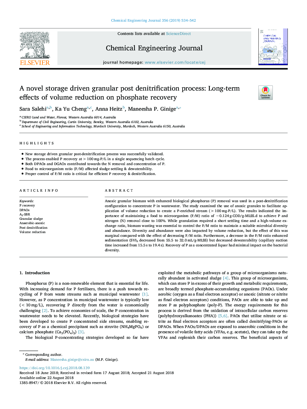 A novel storage driven granular post denitrification process: Long-term effects of volume reduction on phosphate recovery