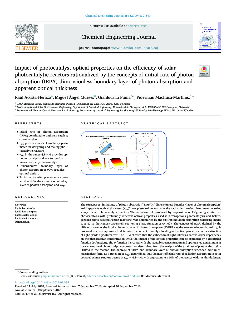 Impact of photocatalyst optical properties on the efficiency of solar photocatalytic reactors rationalized by the concepts of initial rate of photon absorption (IRPA) dimensionless boundary layer of photon absorption and apparent optical thickness