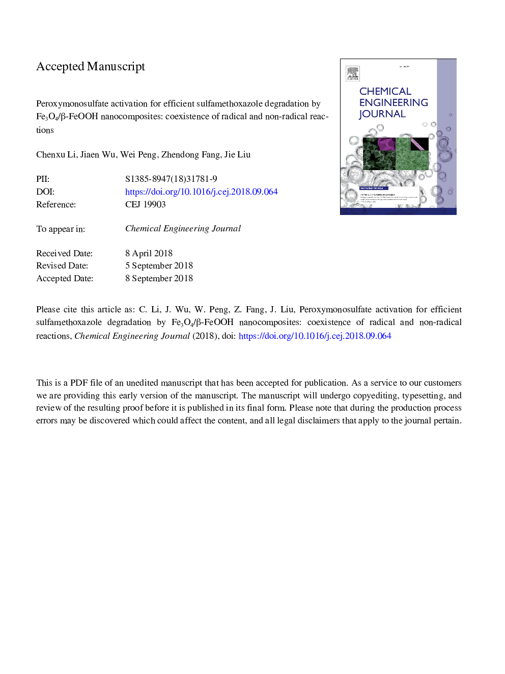 Peroxymonosulfate activation for efficient sulfamethoxazole degradation by Fe3O4/Î²-FeOOH nanocomposites: Coexistence of radical and non-radical reactions