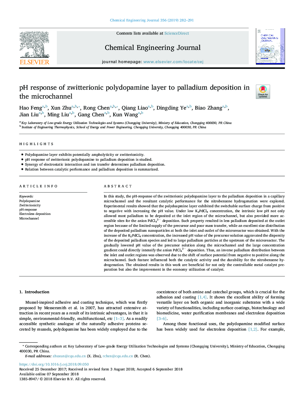 pH response of zwitterionic polydopamine layer to palladium deposition in the microchannel