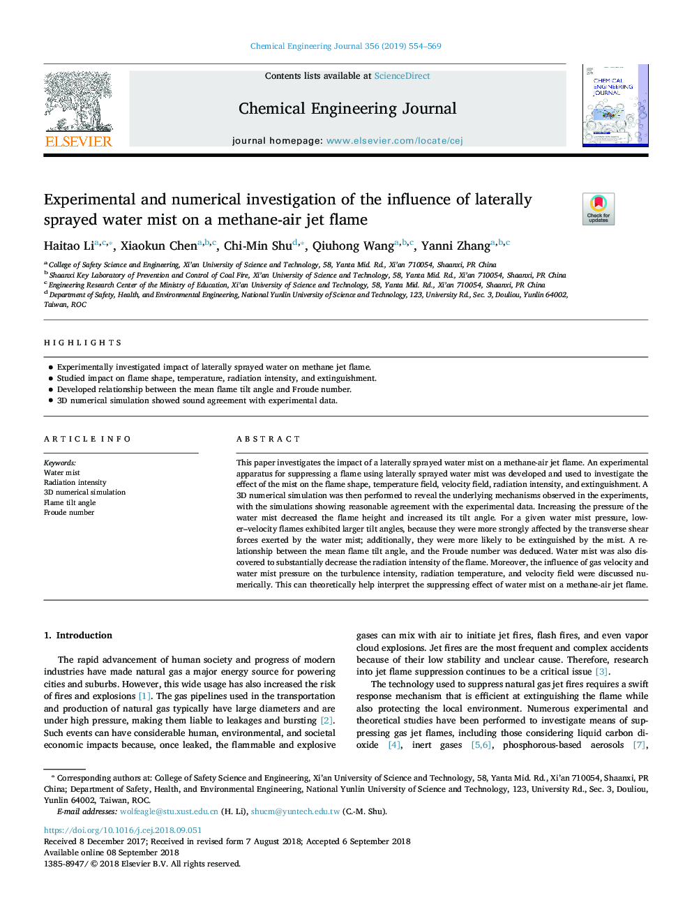 Experimental and numerical investigation of the influence of laterally sprayed water mist on a methane-air jet flame