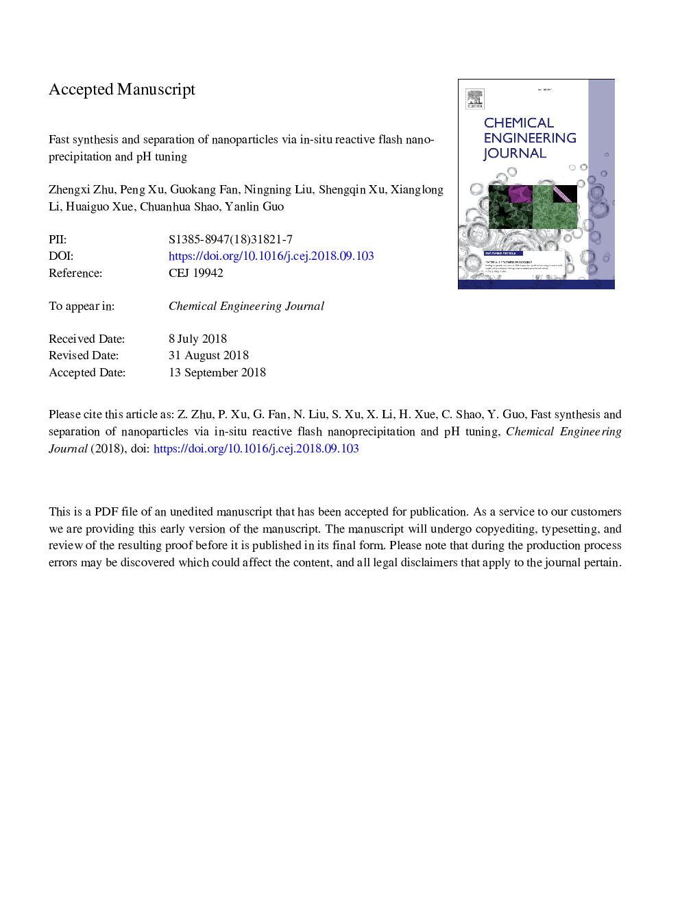 Fast synthesis and separation of nanoparticles via in-situ reactive flash nanoprecipitation and pH tuning