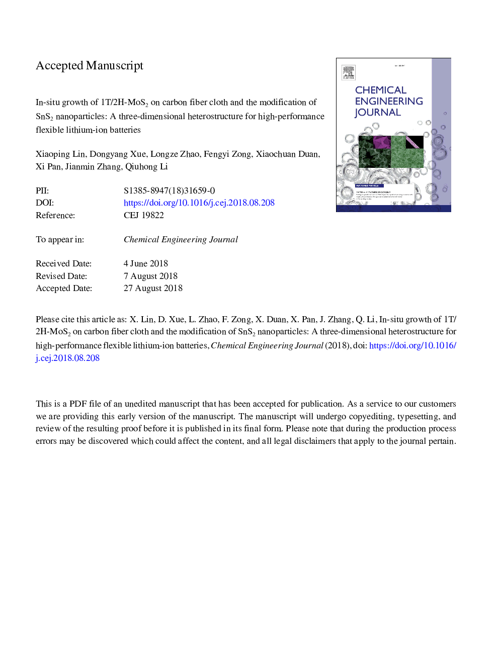 عکس صفحه اول مقاله: In-situ growth of 1T/2H-MoS2 on carbon fiber cloth and the modification of SnS2 nanoparticles: A three-dimensional heterostructure for high-performance flexible lithium-ion batteries In-situ growth of 1T/2H-MoS2 on carbon fiber cloth and the modification of SnS2 nanoparticles: A three-dimensional heterostructure for high-performance flexible lithium-ion batteries