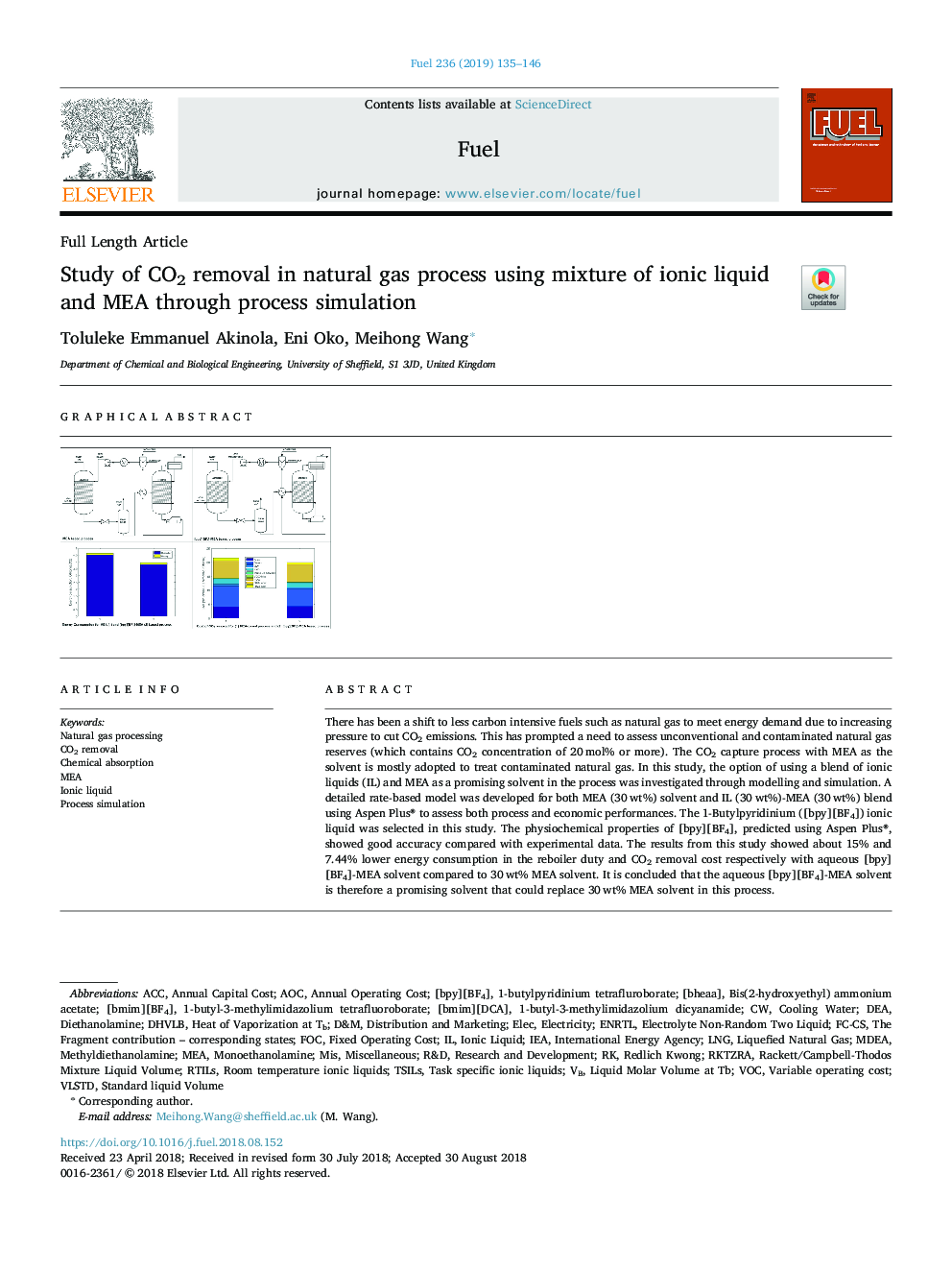 عکس صفحه اول مقاله: Study of CO2 removal in natural gas process using mixture of ionic liquid and MEA through process simulation Study of CO2 removal in natural gas process using mixture of ionic liquid and MEA through process simulation