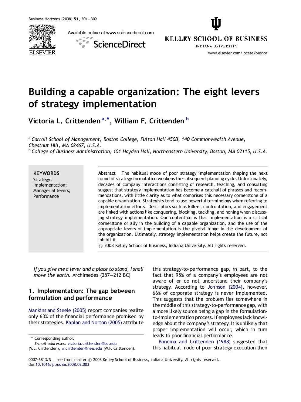 Building a capable organization: The eight levers of strategy implementation