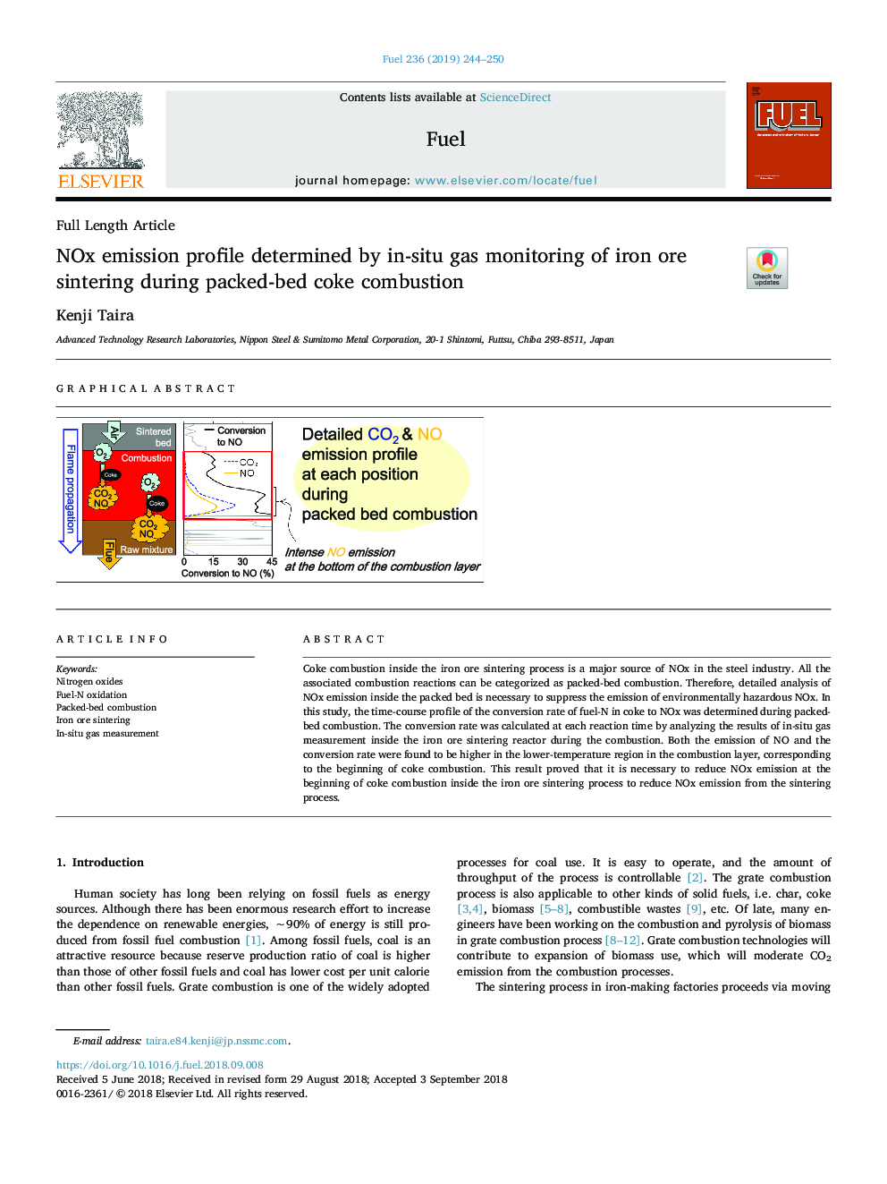 NOx emission profile determined by in-situ gas monitoring of iron ore sintering during packed-bed coke combustion