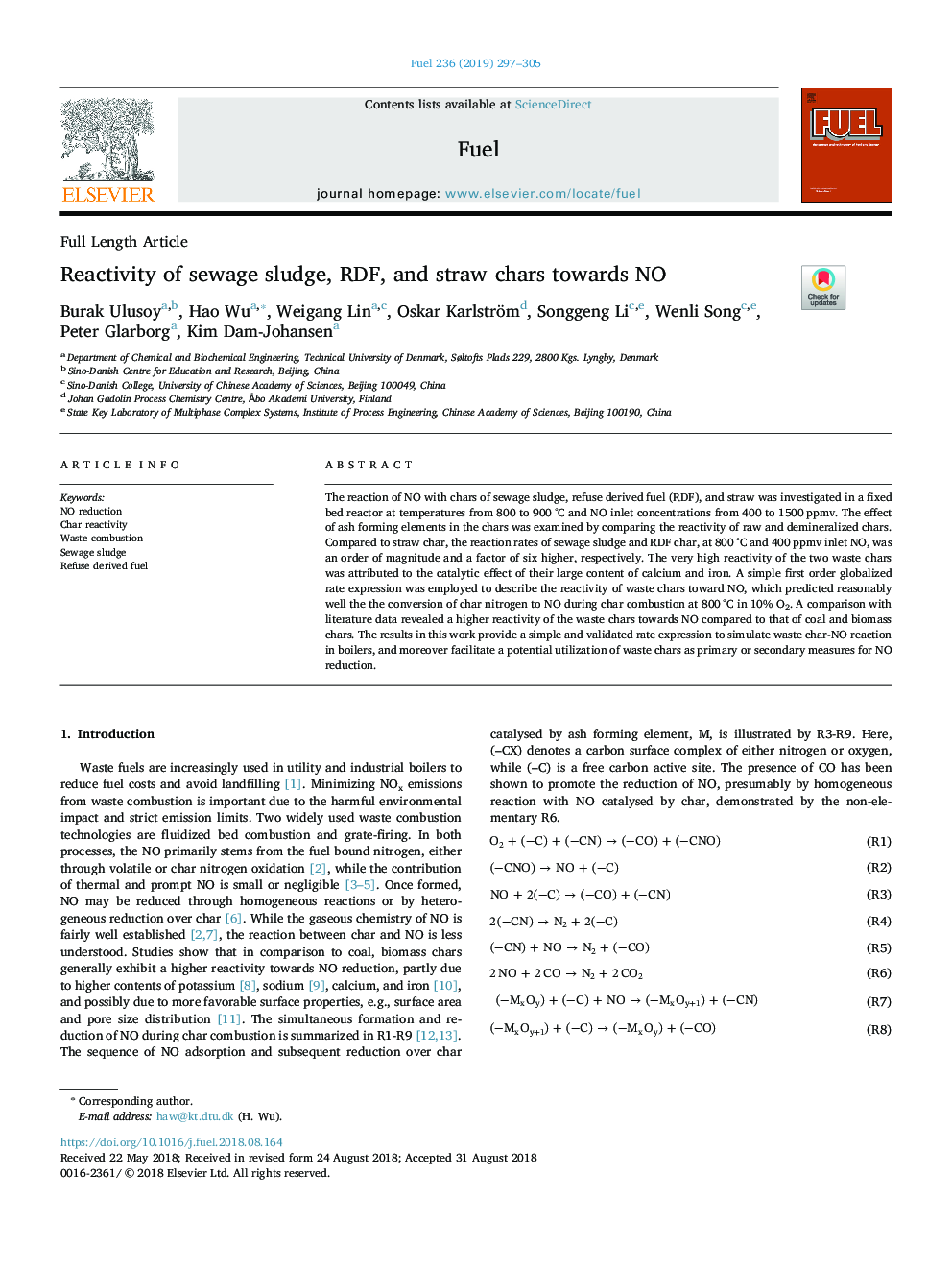 Reactivity of sewage sludge, RDF, and straw chars towards NO