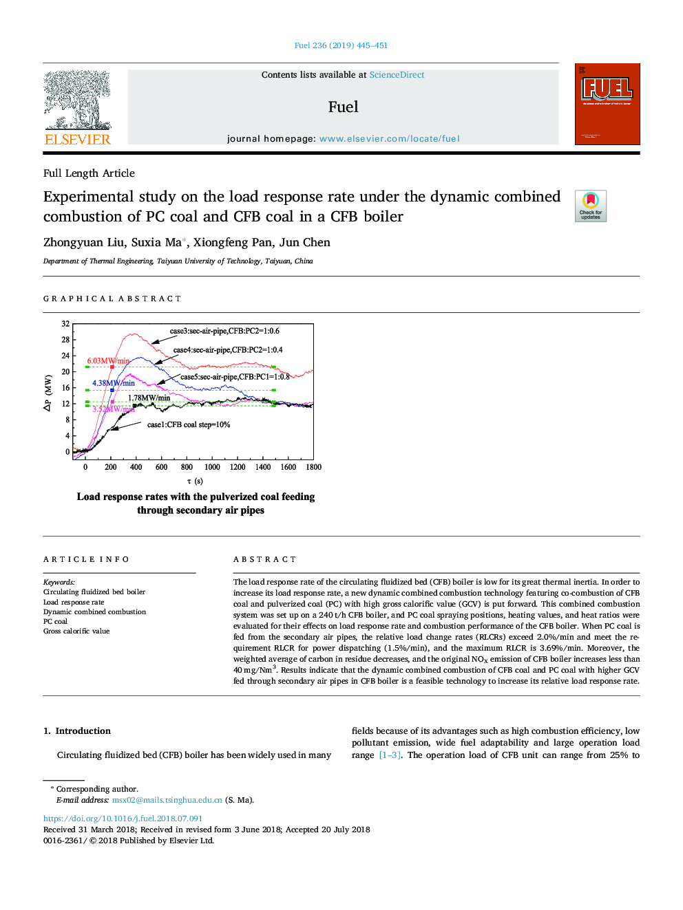 Experimental study on the load response rate under the dynamic combined combustion of PC coal and CFB coal in a CFB boiler