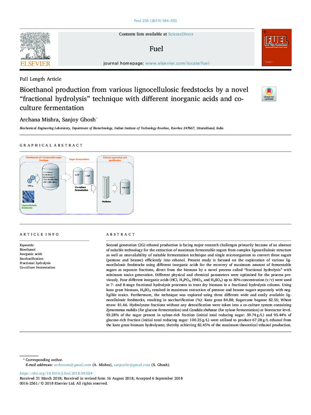 Bioethanol production from various lignocellulosic feedstocks by a novel “fractional hydrolysis” technique with different inorganic acids and co-culture fermentation