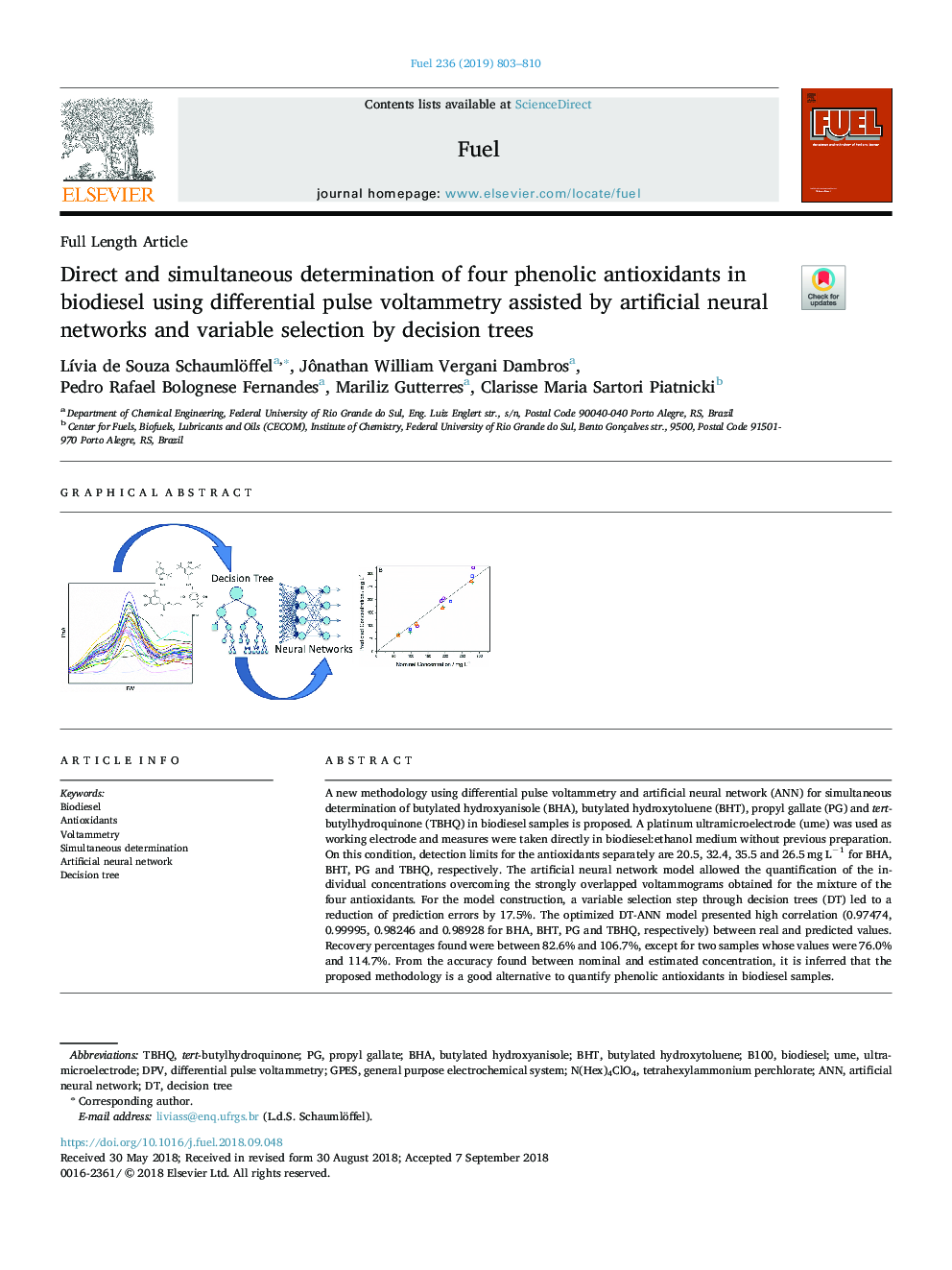 Direct and simultaneous determination of four phenolic antioxidants in biodiesel using differential pulse voltammetry assisted by artificial neural networks and variable selection by decision trees