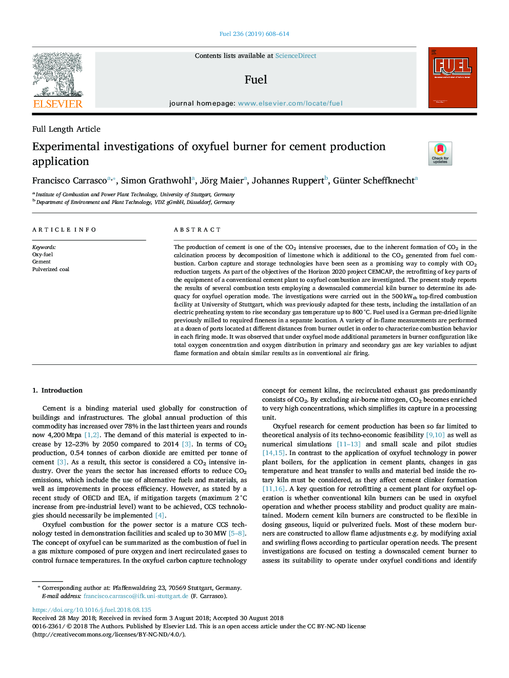 Experimental investigations of oxyfuel burner for cement production application