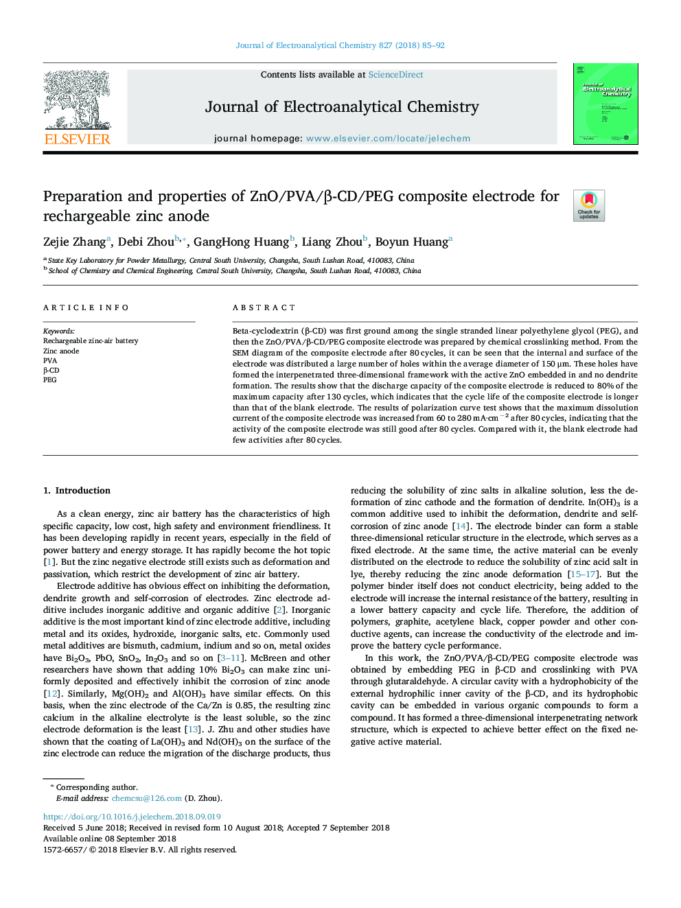 Preparation and properties of ZnO/PVA/Î²-CD/PEG composite electrode for rechargeable zinc anode