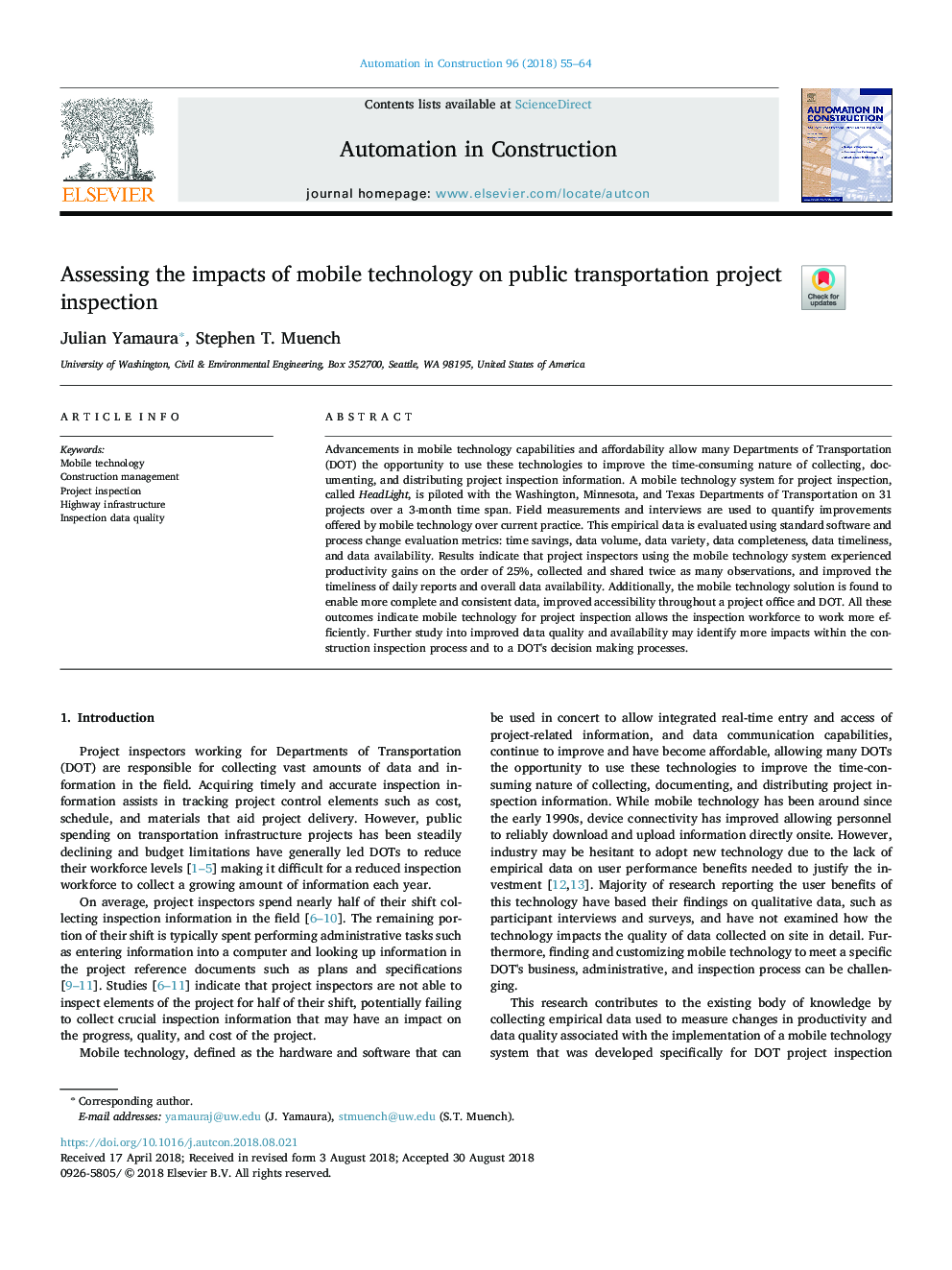 Assessing the impacts of mobile technology on public transportation project inspection