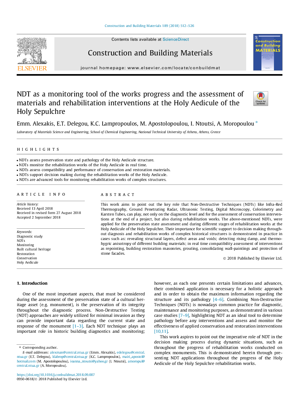 NDT as a monitoring tool of the works progress and the assessment of materials and rehabilitation interventions at the Holy Aedicule of the Holy Sepulchre