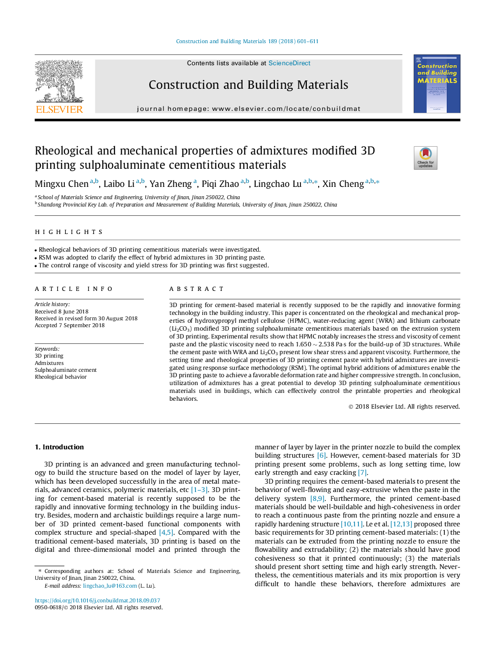 Rheological and mechanical properties of admixtures modified 3D printing sulphoaluminate cementitious materials