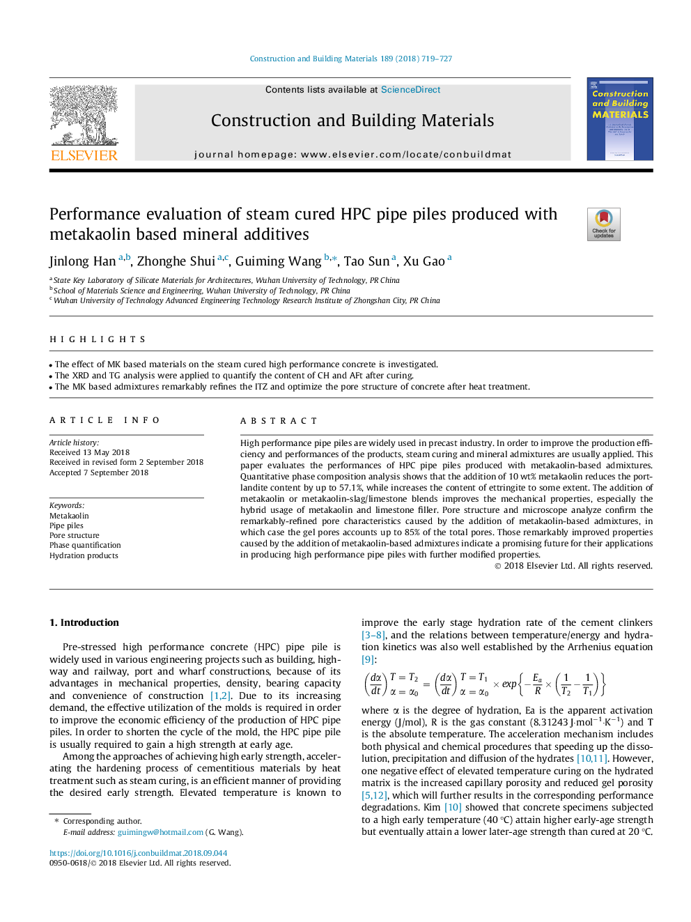 Performance evaluation of steam cured HPC pipe piles produced with metakaolin based mineral additives