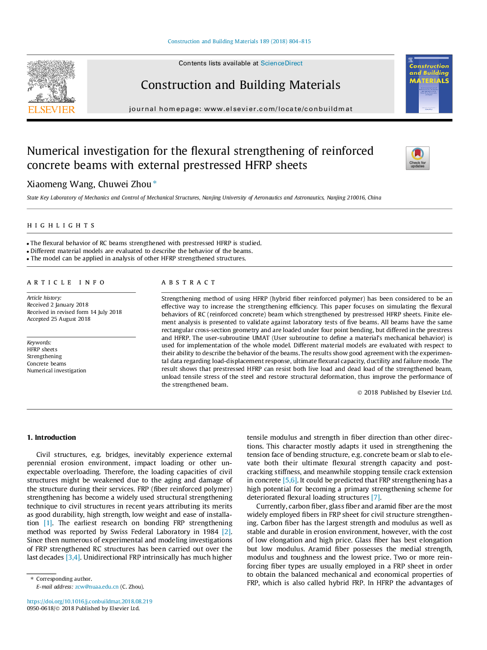 Numerical investigation for the flexural strengthening of reinforced concrete beams with external prestressed HFRP sheets