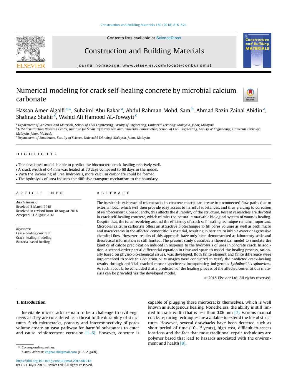 Numerical modeling for crack self-healing concrete by microbial calcium carbonate