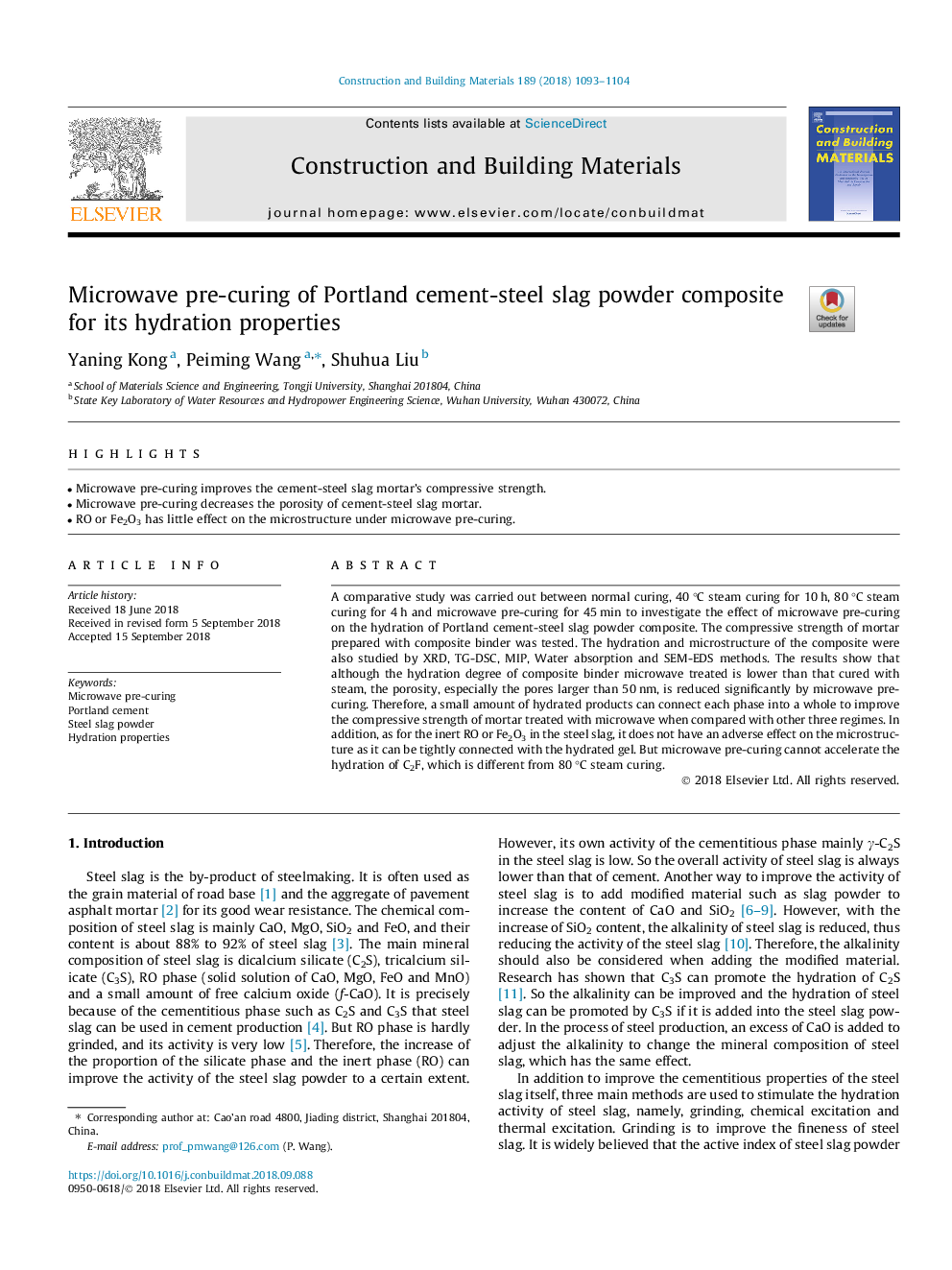 Microwave pre-curing of Portland cement-steel slag powder composite for its hydration properties