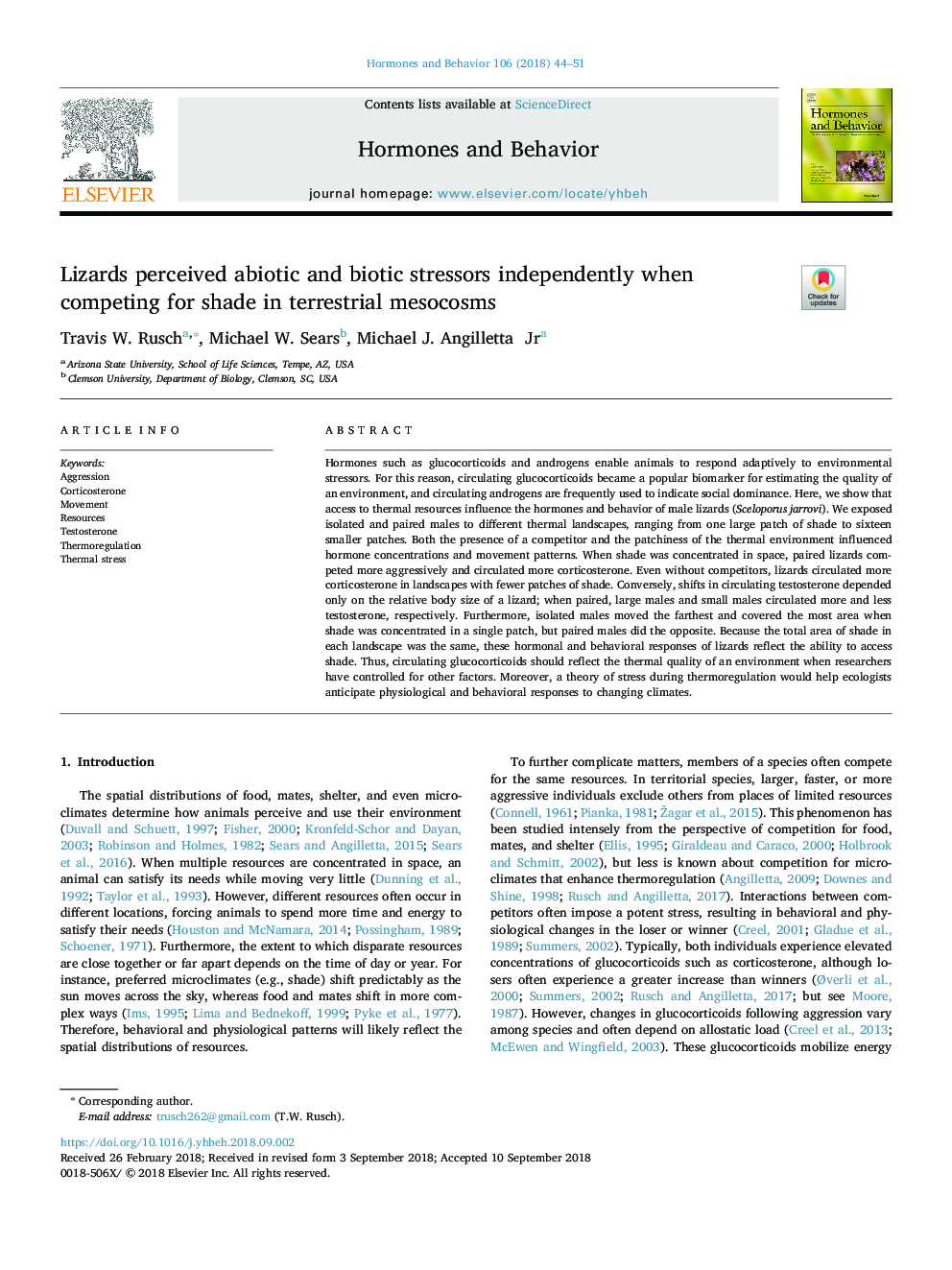 Lizards perceived abiotic and biotic stressors independently when competing for shade in terrestrial mesocosms