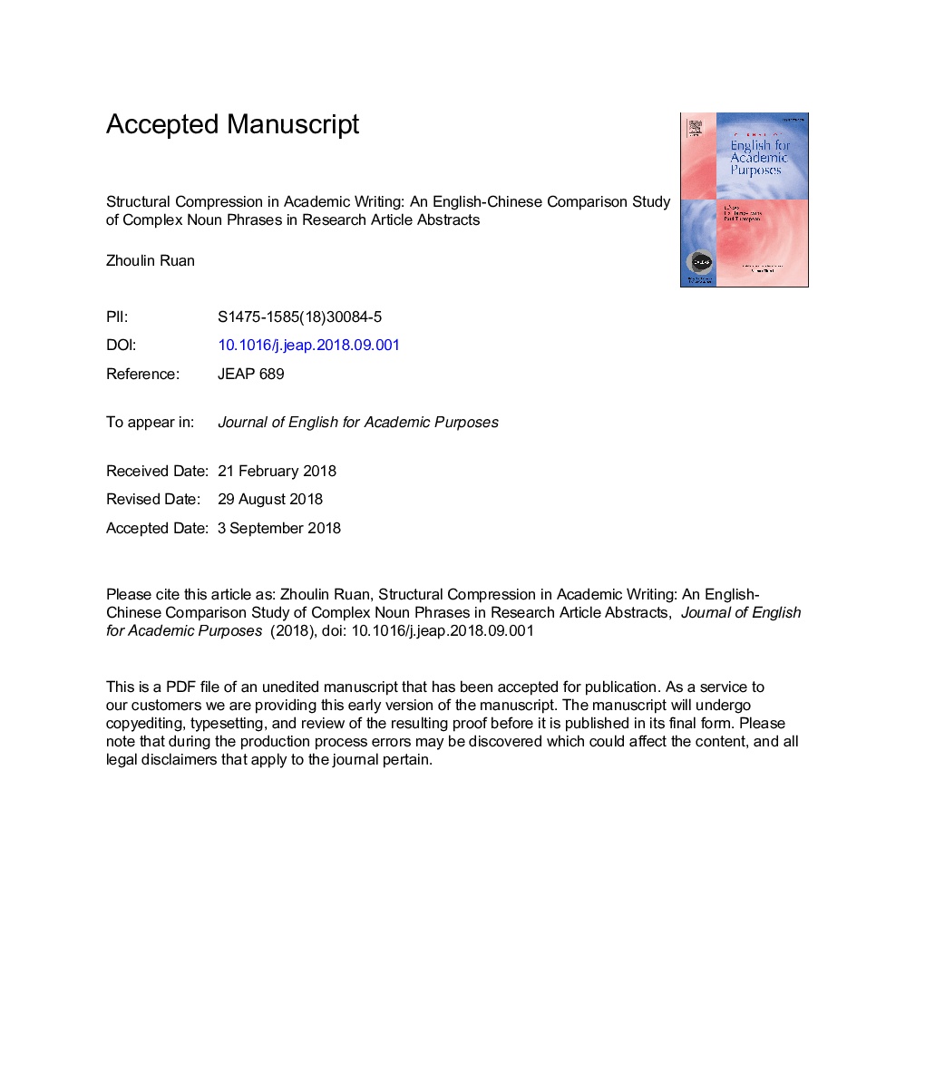 Structural compression in academic writing: An English-Chinese comparison study of complex noun phrases in research article abstracts