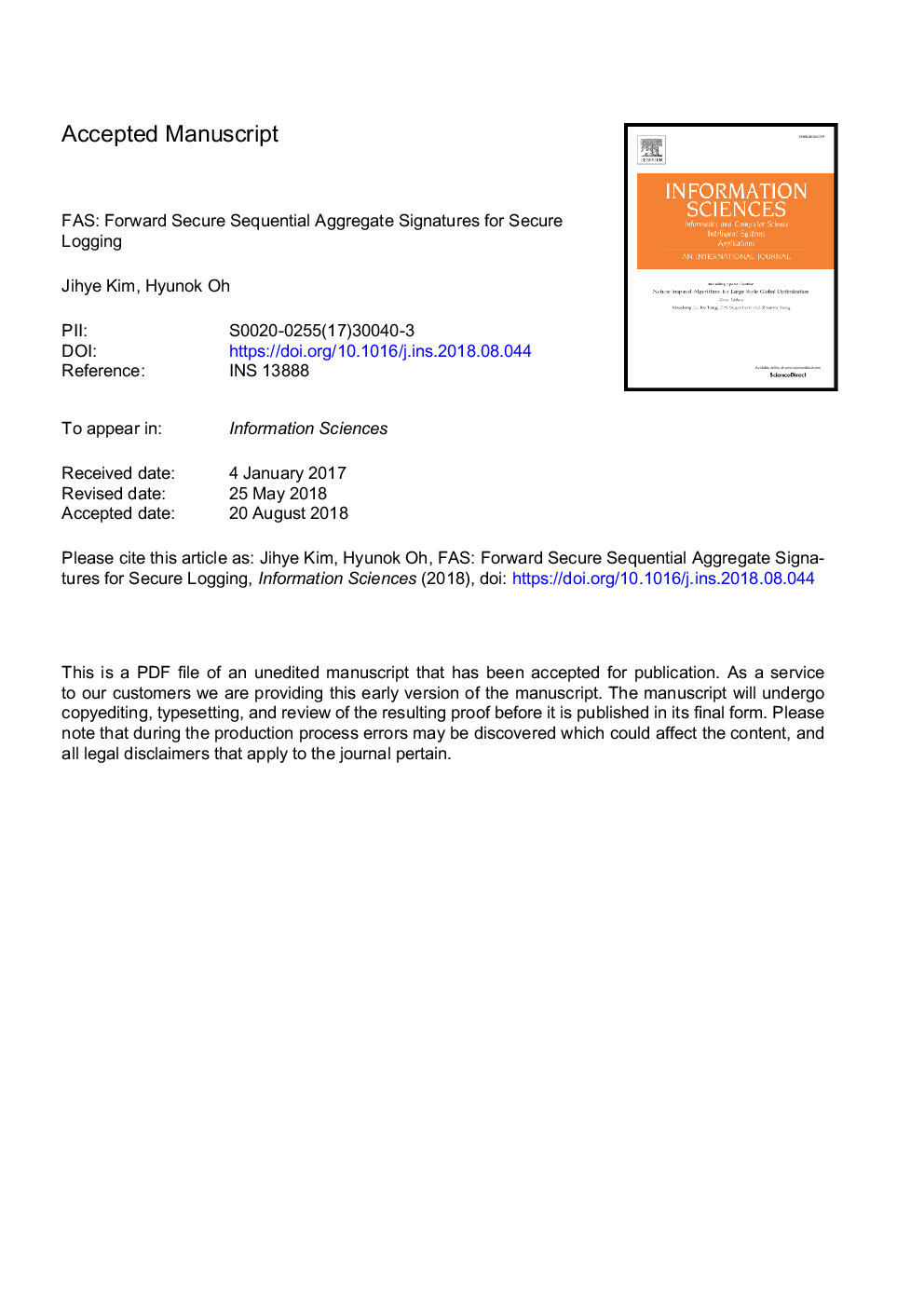 FAS: Forward secure sequential aggregate signatures for secure logging