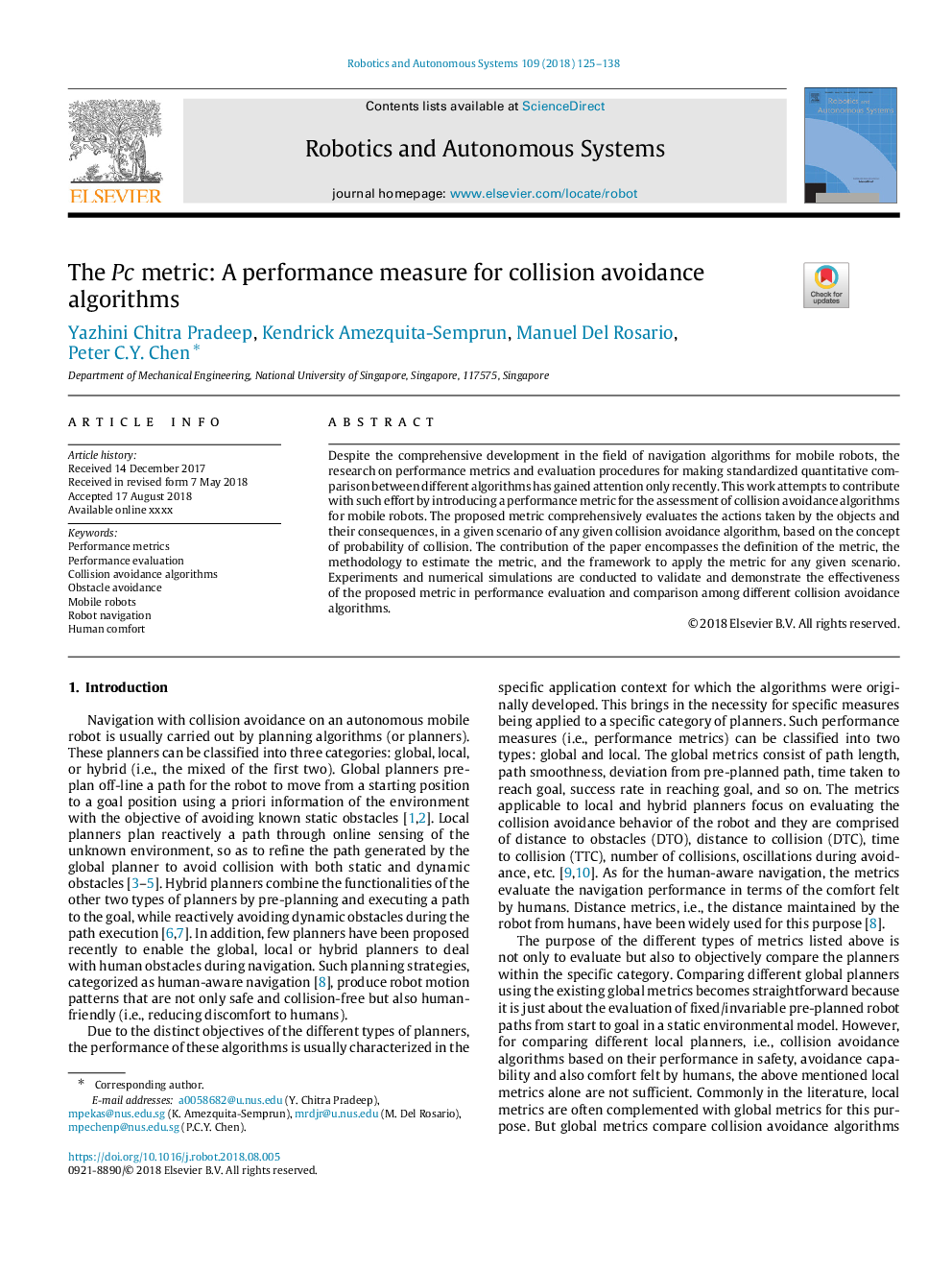 The Pc metric: A performance measure for collision avoidance algorithms