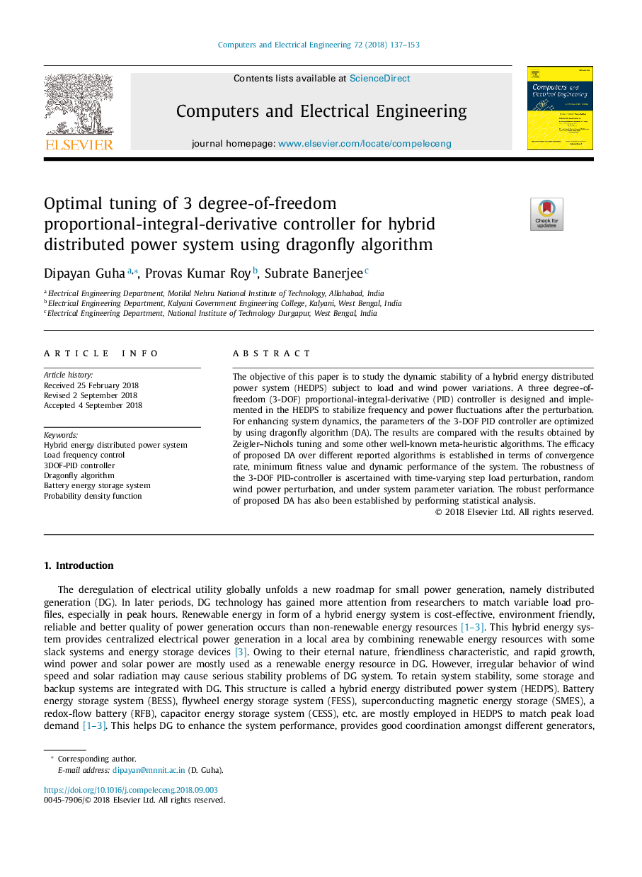 Optimal tuning of 3 degree-of-freedom proportional-integral-derivative controller for hybrid distributed power system using dragonfly algorithm