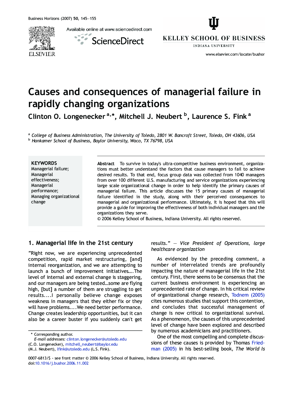 Causes and consequences of managerial failure in rapidly changing organizations