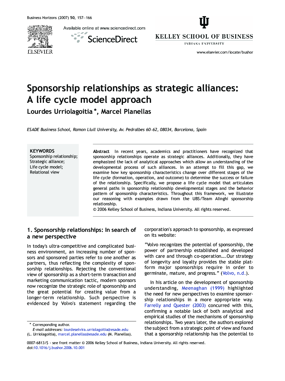 Sponsorship relationships as strategic alliances: A life cycle model approach