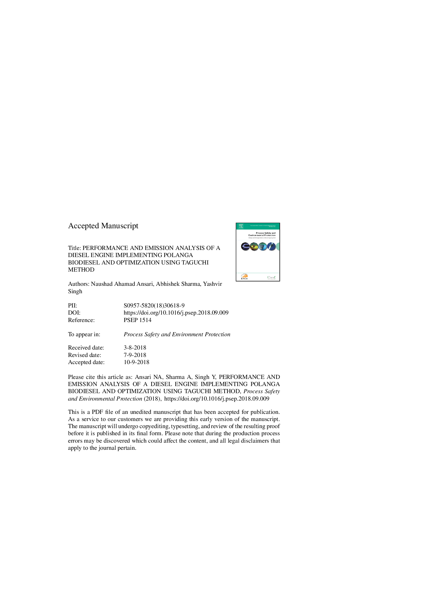 Performance and emission analysis of a diesel engine implementing polanga biodiesel and optimization using Taguchi method