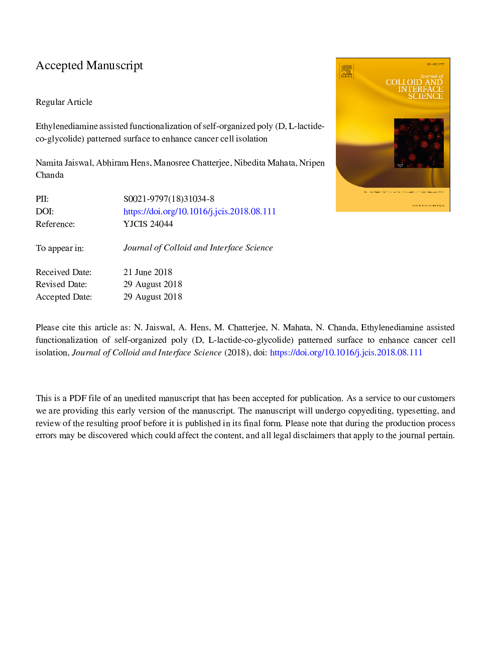 عکس صفحه اول مقاله: Ethylenediamine assisted functionalization of self-organized poly (d, l-lactide-co-glycolide) patterned surface to enhance cancer cell isolation Ethylenediamine assisted functionalization of self-organized poly (d, l-lactide-co-glycolide) patterned surface to enhance cancer cell isolation