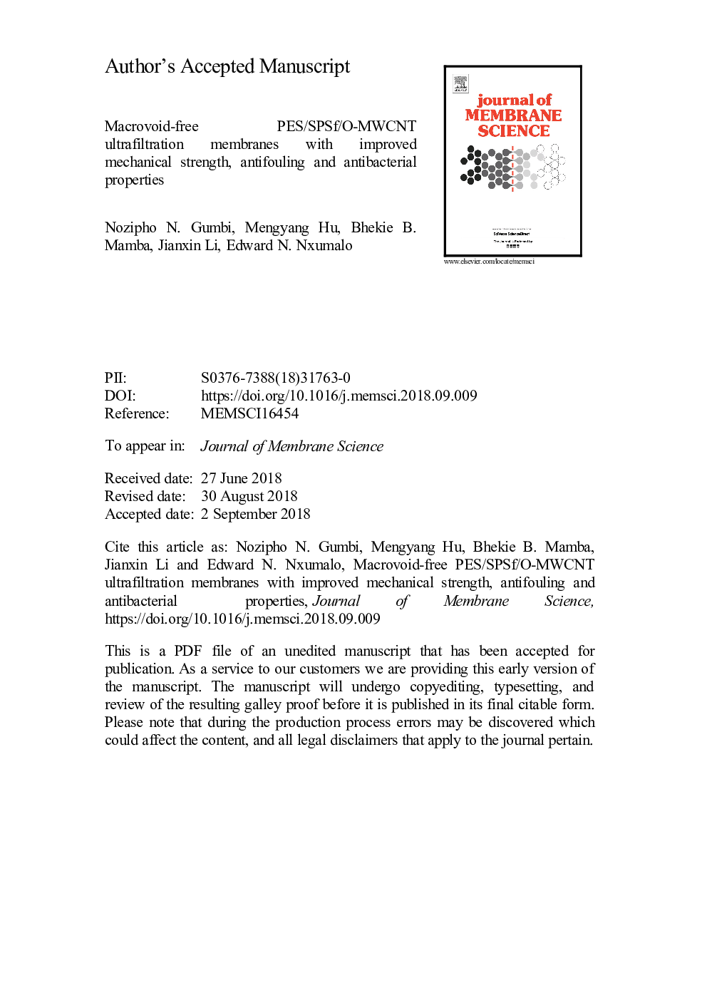 Macrovoid-free PES/SPSf/O-MWCNT ultrafiltration membranes with improved mechanical strength, antifouling and antibacterial properties