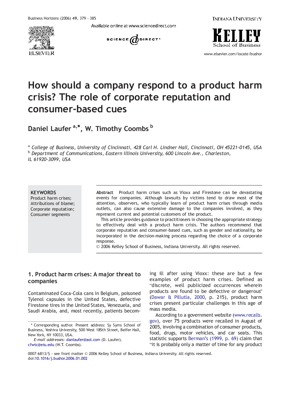 How should a company respond to a product harm crisis? The role of corporate reputation and consumer-based cues