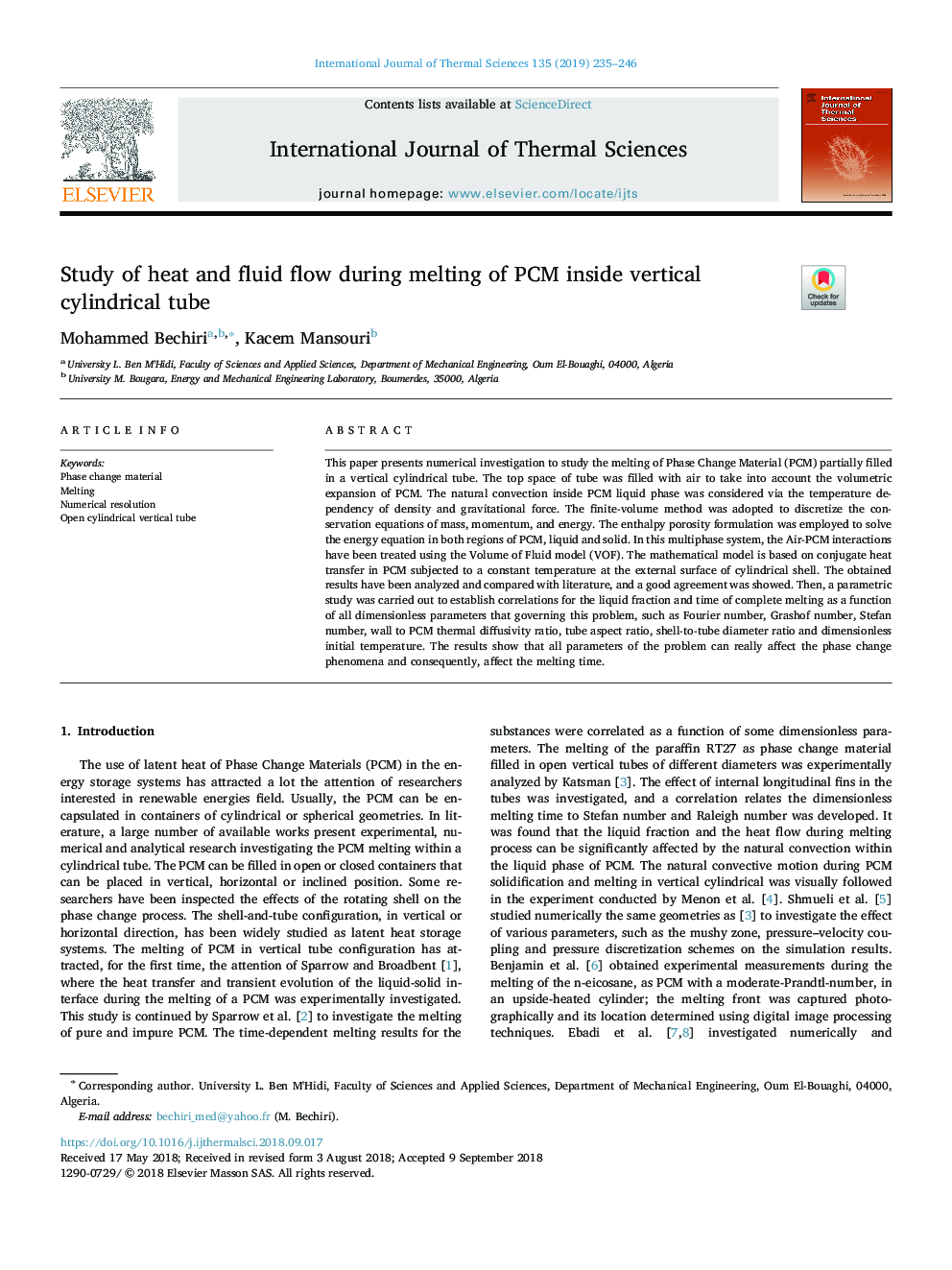 Study of heat and fluid flow during melting of PCM inside vertical cylindrical tube