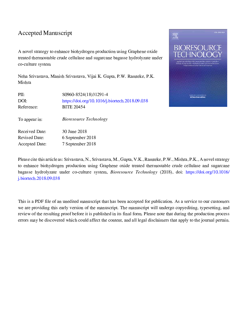 A novel strategy to enhance biohydrogen production using graphene oxide treated thermostable crude cellulase and sugarcane bagasse hydrolyzate under co-culture system