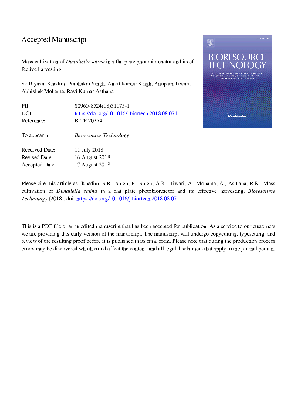 Mass cultivation of Dunaliella salina in a flat plate photobioreactor and its effective harvesting