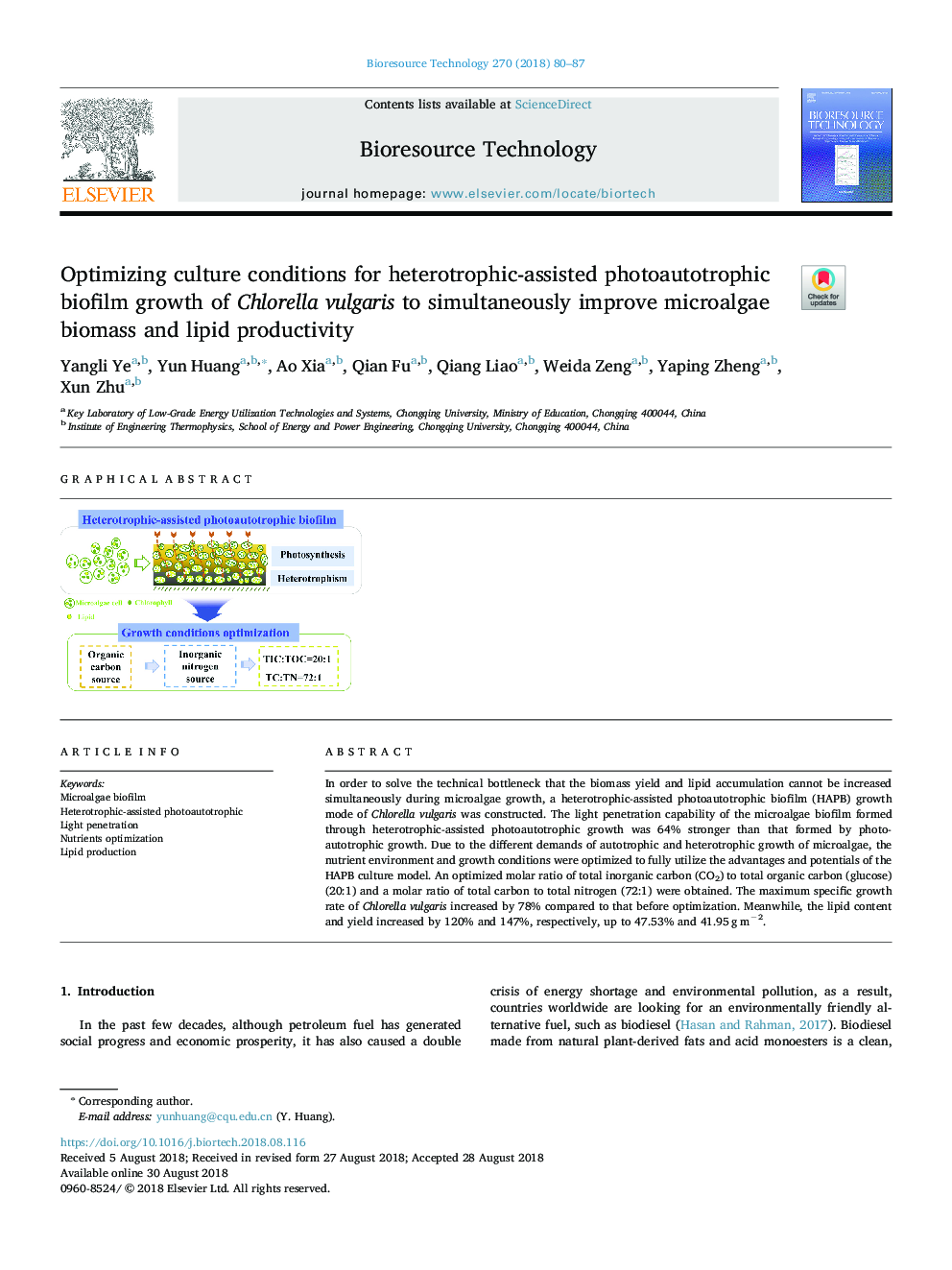 عکس صفحه اول مقاله: Optimizing culture conditions for heterotrophic-assisted photoautotrophic biofilm growth of Chlorella vulgaris to simultaneously improve microalgae biomass and lipid productivity Optimizing culture conditions for heterotrophic-assisted photoautotrophic biofilm growth of Chlorella vulgaris to simultaneously improve microalgae biomass and lipid productivity