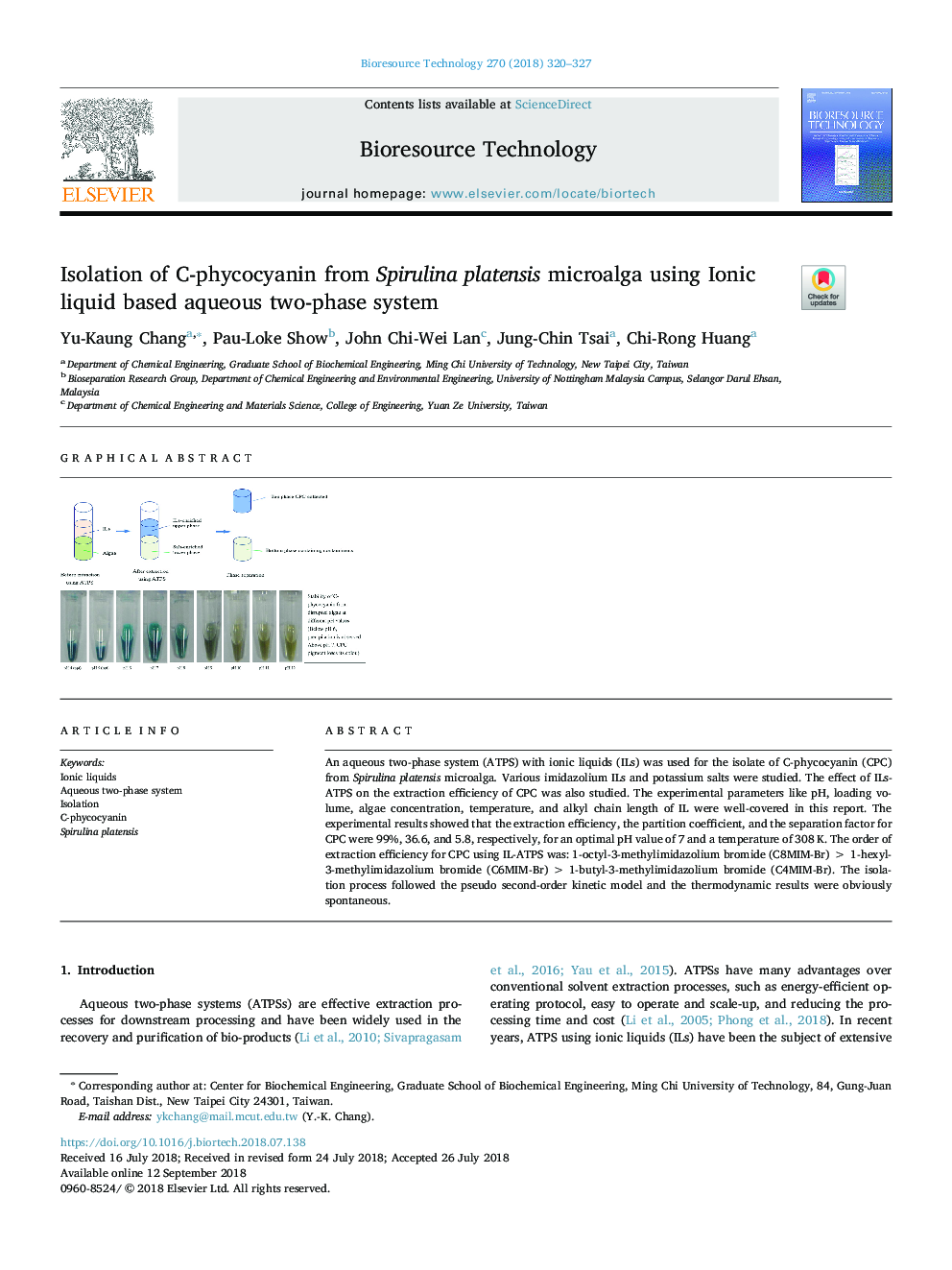 Isolation of C-phycocyanin from Spirulina platensis microalga using Ionic liquid based aqueous two-phase system