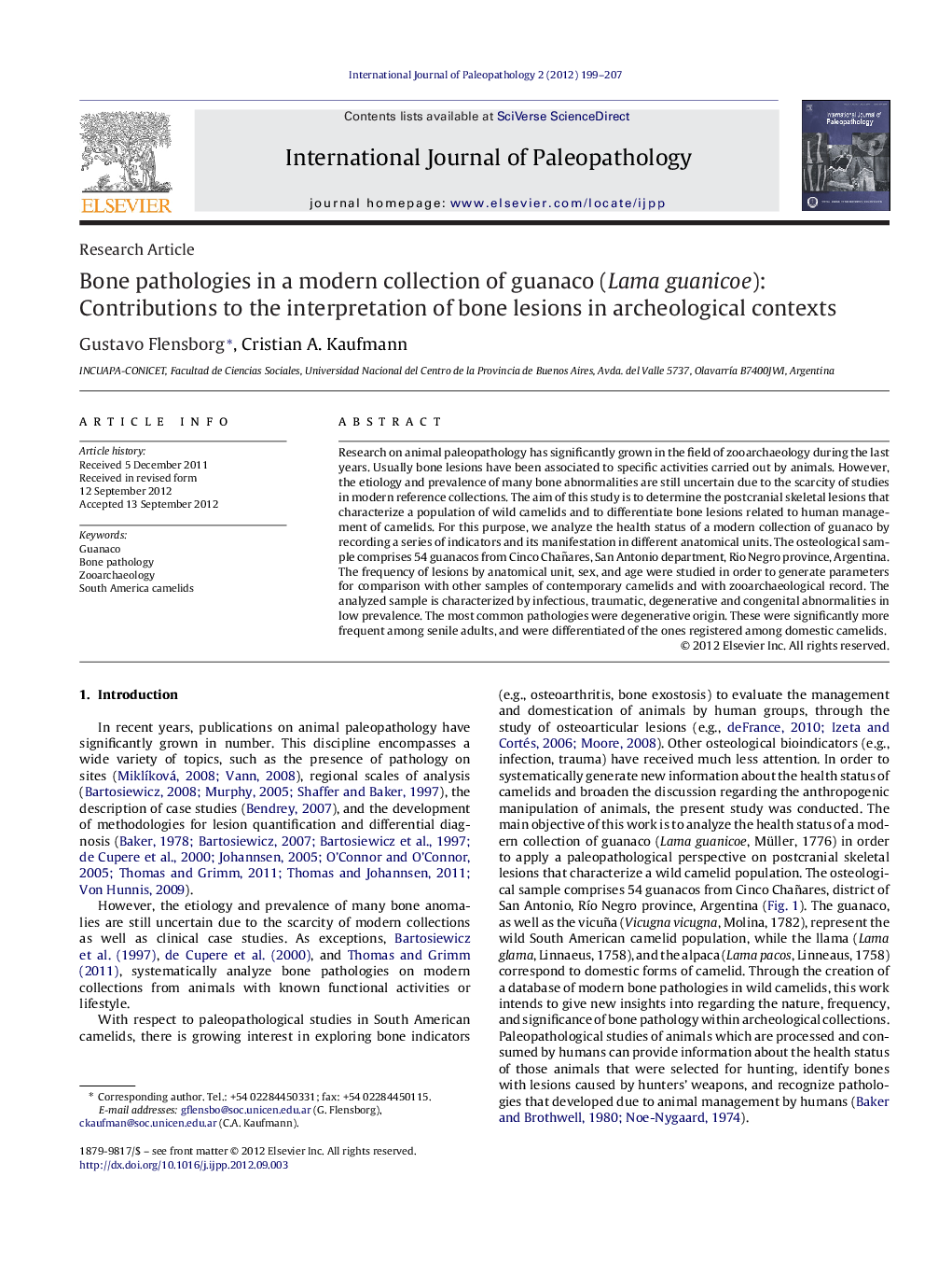 Bone pathologies in a modern collection of guanaco (Lama guanicoe): Contributions to the interpretation of bone lesions in archeological contexts