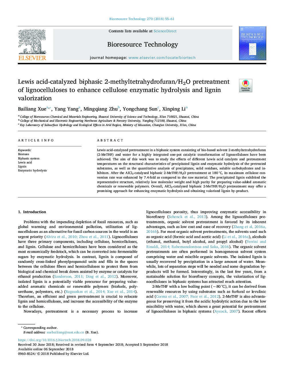Lewis acid-catalyzed biphasic 2-methyltetrahydrofuran/H2O pretreatment of lignocelluloses to enhance cellulose enzymatic hydrolysis and lignin valorization