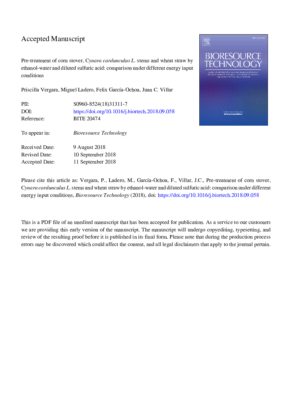 Pre-treatment of corn stover, Cynara cardunculus L. stems and wheat straw by ethanol-water and diluted sulfuric acid: Comparison under different energy input conditions