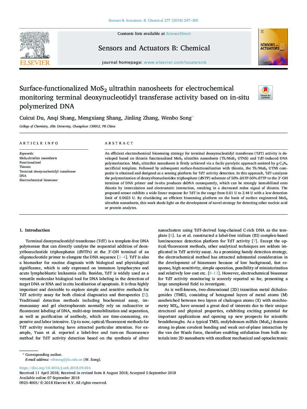 Surface-functionalized MoS2 ultrathin nanosheets for electrochemical monitoring terminal deoxynucleotidyl transferase activity based on in-situ polymerized DNA