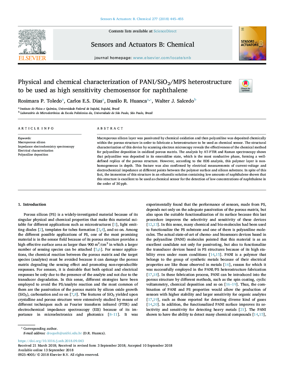 Physical and chemical characterization of PANI/SiO2/MPS heterostructure to be used as high sensitivity chemosensor for naphthalene